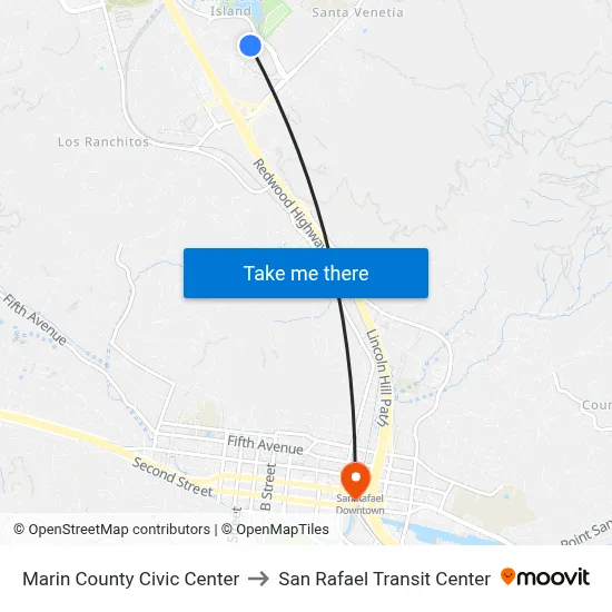 Marin County Civic Center to San Rafael Transit Center map