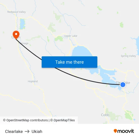 Clearlake to Ukiah map