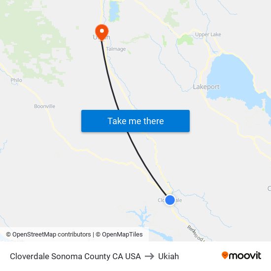 Cloverdale Sonoma County CA USA to Ukiah map