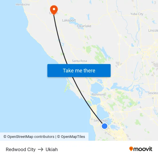 Redwood City to Ukiah map