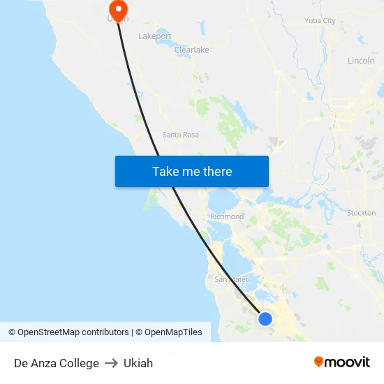 De Anza College to Ukiah map