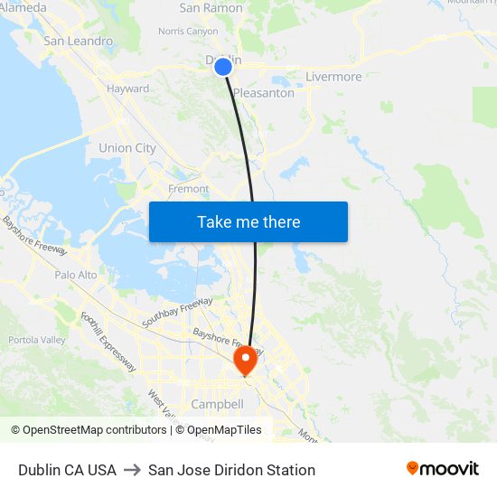 Dublin CA USA to San Jose Diridon Station map