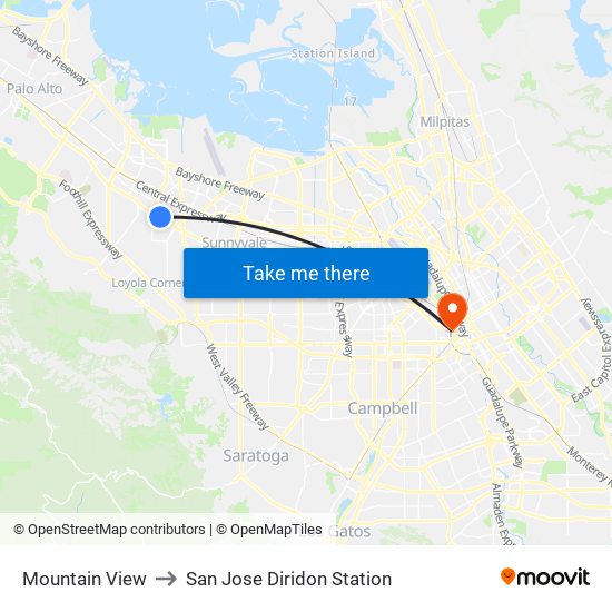 Mountain View to San Jose Diridon Station map