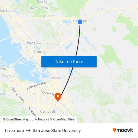 Livermore to San Jose State University map