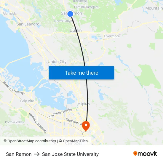 San Ramon to San Jose State University map