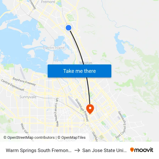 Warm Springs South Fremont Station to San Jose State University map