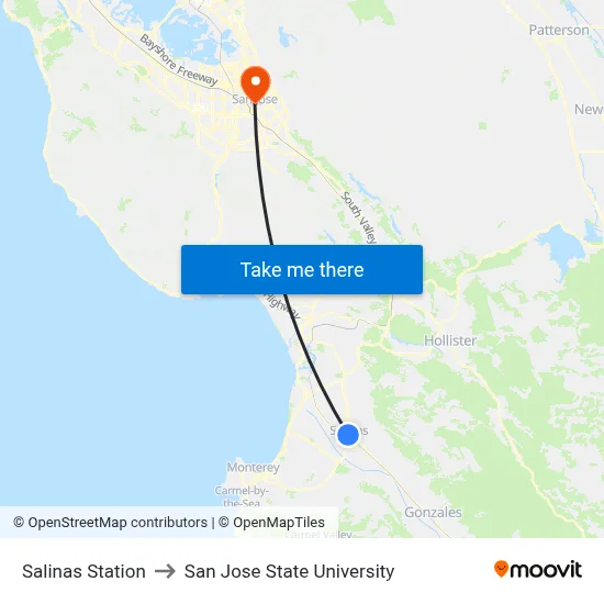 Salinas Station to San Jose State University map