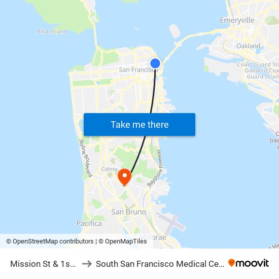 Mission St & 1st St to South San Francisco Medical Center map