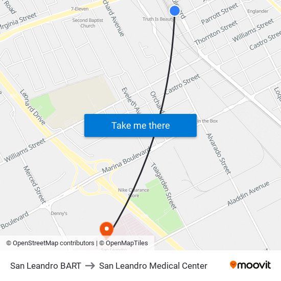 San Leandro BART to San Leandro Medical Center map