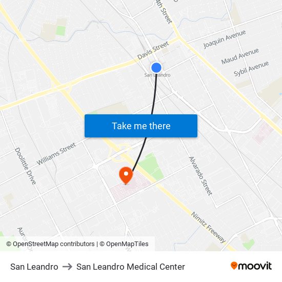 San Leandro to San Leandro Medical Center map