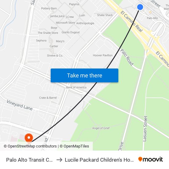 Palo Alto Transit Ctr-Bay 9 to Lucile Packard Children's Hospital Main map