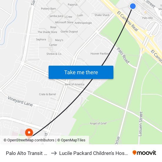 Palo Alto Transit Center to Lucile Packard Children's Hospital Main map