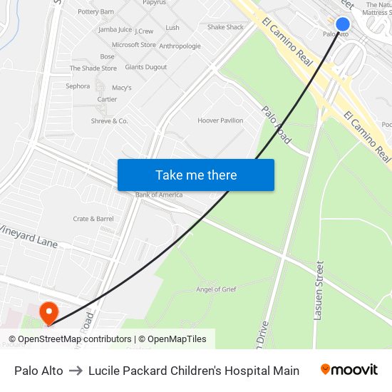 Palo Alto to Lucile Packard Children's Hospital Main map