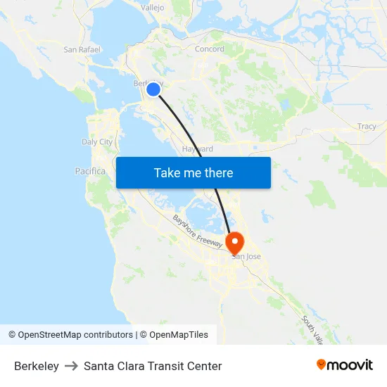 Berkeley to Santa Clara Transit Center map