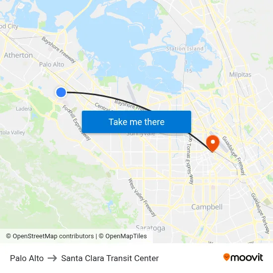 Palo Alto to Santa Clara Transit Center map