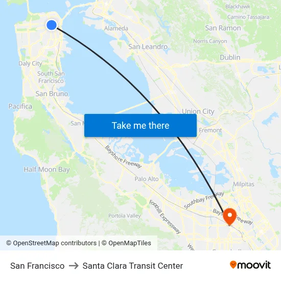 San Francisco to Santa Clara Transit Center map