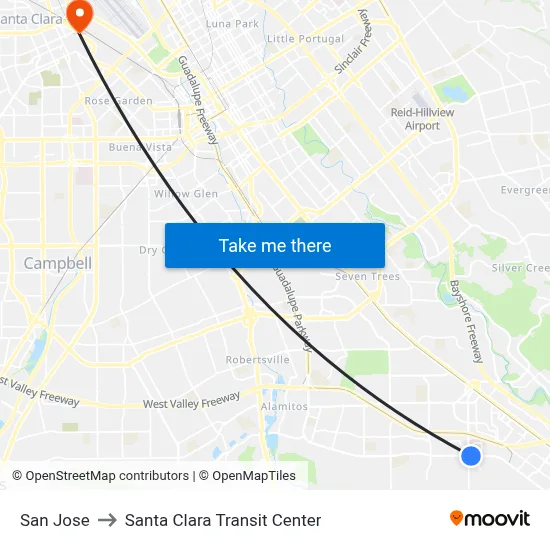San Jose to Santa Clara Transit Center map