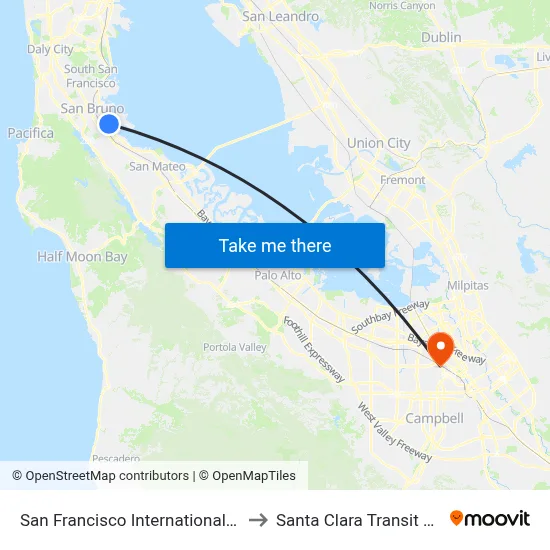 San Francisco International Airport to Santa Clara Transit Center map