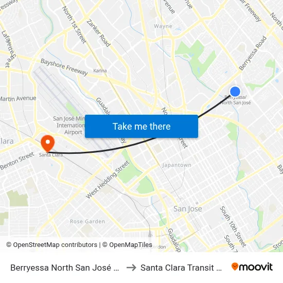 Berryessa North San José Station to Santa Clara Transit Center map