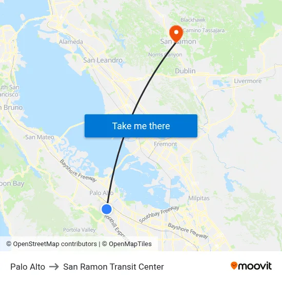 Palo Alto to San Ramon Transit Center map