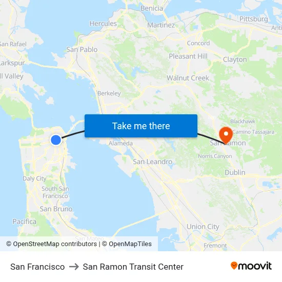 San Francisco to San Ramon Transit Center map