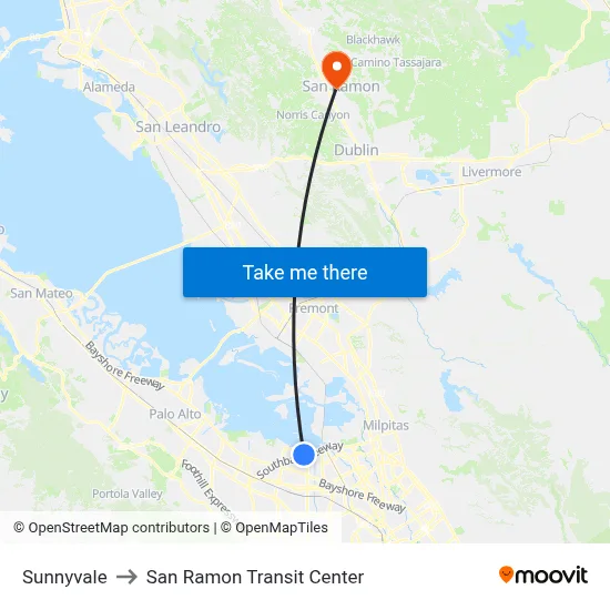 Sunnyvale to San Ramon Transit Center map