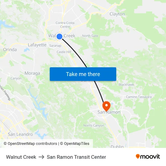Walnut Creek to San Ramon Transit Center map
