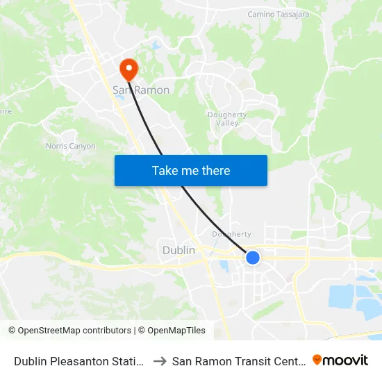 Dublin Pleasanton Station to San Ramon Transit Center map