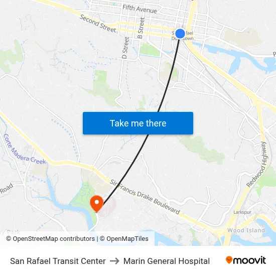 San Rafael Downtown to Marin General Hospital map