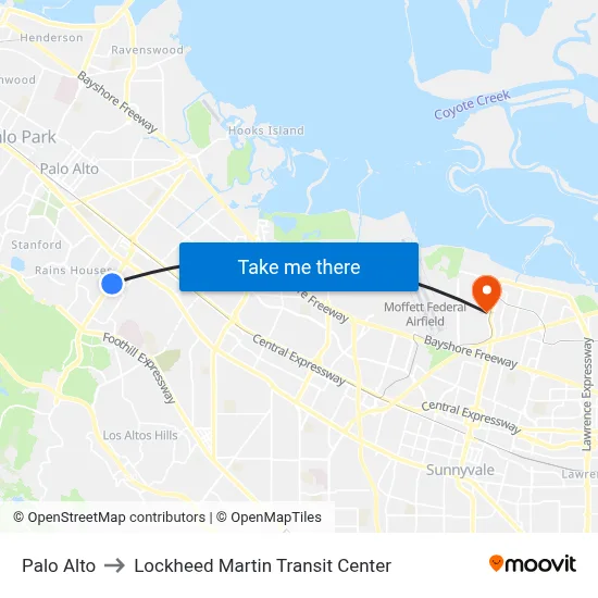 Palo Alto to Lockheed Martin Transit Center map
