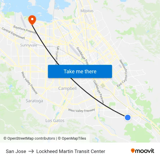 San Jose to Lockheed Martin Transit Center map