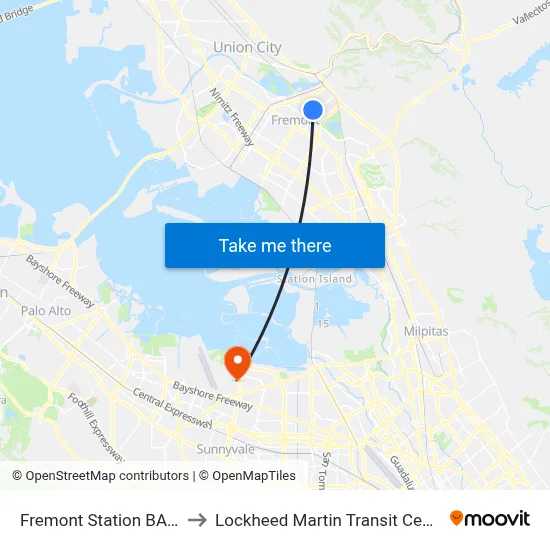 Fremont Station BART to Lockheed Martin Transit Center map