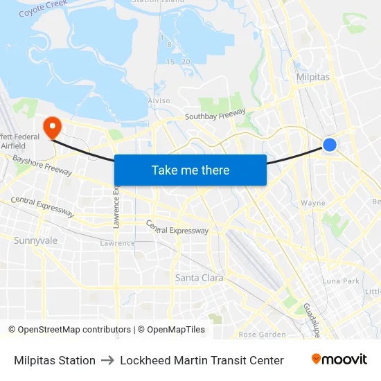 Milpitas Station to Lockheed Martin Transit Center map
