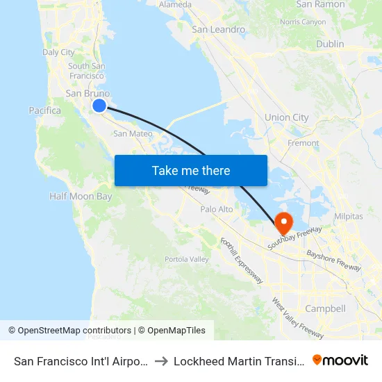 San Francisco Int'l Airport (SFO) to Lockheed Martin Transit Center map