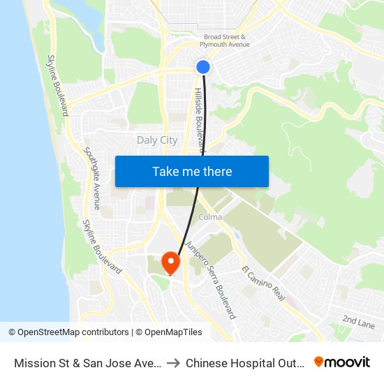 Mission St & San Jose Ave/Wellington Ave to Chinese Hospital Outpatient Center map