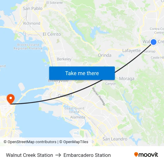 Walnut Creek Station to Embarcadero Station map