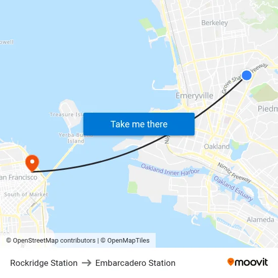 Rockridge Station to Embarcadero Station map