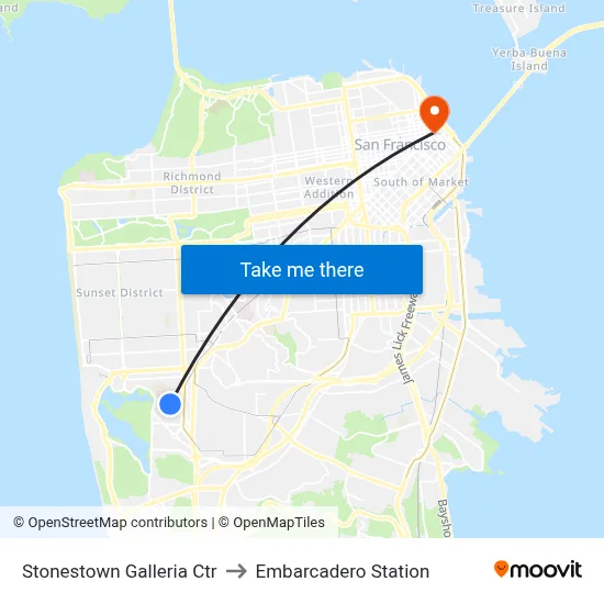 Stonestown Galleria Ctr to Embarcadero Station map