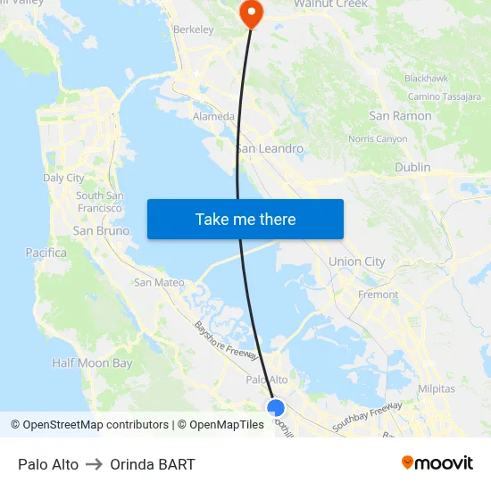Palo Alto to Orinda BART map
