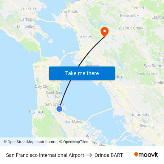 San Francisco International Airport to Orinda BART map
