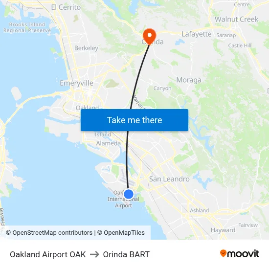Oakland Airport OAK to Orinda BART map