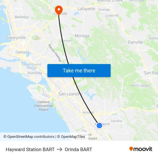 Hayward Station BART to Orinda BART map