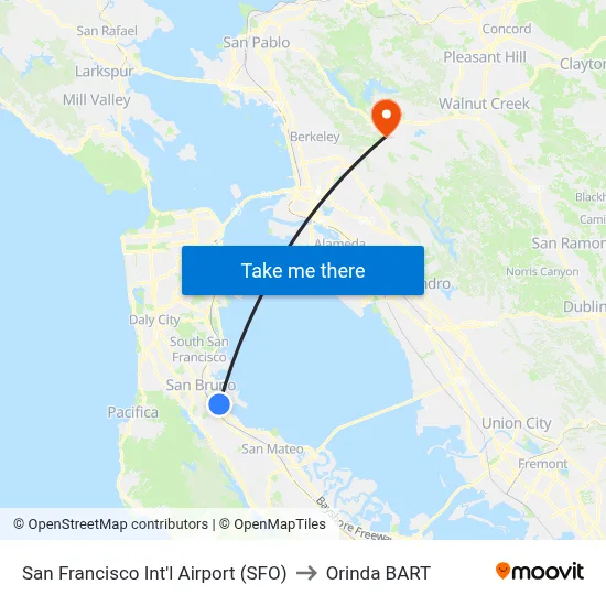 San Francisco Int'l Airport (SFO) to Orinda BART map