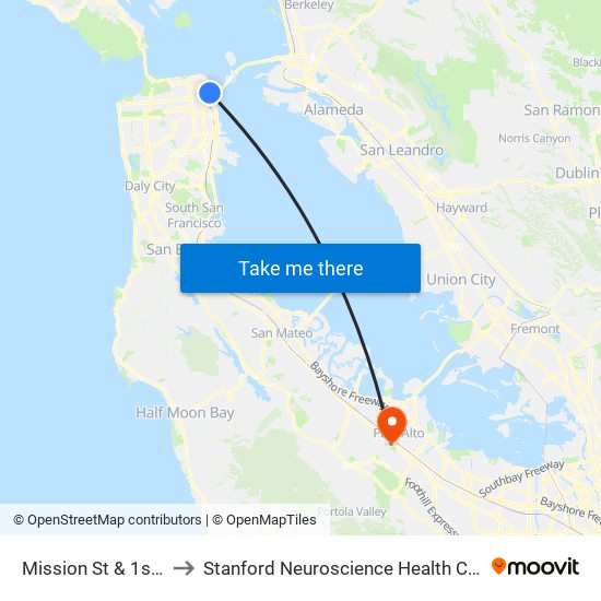 Mission St & 1st St to Stanford Neuroscience Health Center map