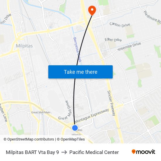 Milpitas BART Vta Bay 9 to Pacific Medical Center map