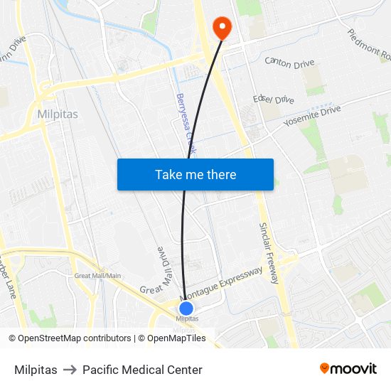 Milpitas to Pacific Medical Center map
