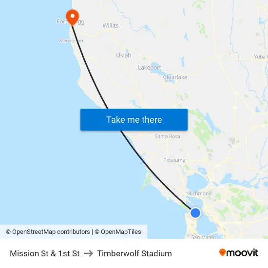 Mission St & 1st St to Timberwolf Stadium map