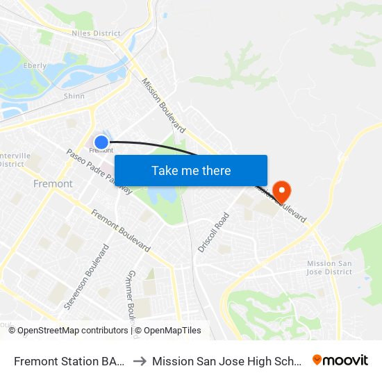 Fremont Station BART to Mission San Jose High School map