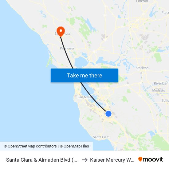 Santa Clara & Almaden Blvd (W) to Kaiser Mercury Way map