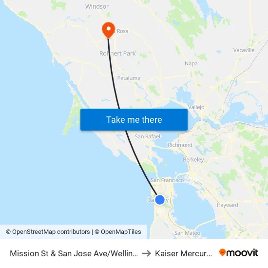 Mission St & San Jose Ave/Wellington Ave to Kaiser Mercury Way map